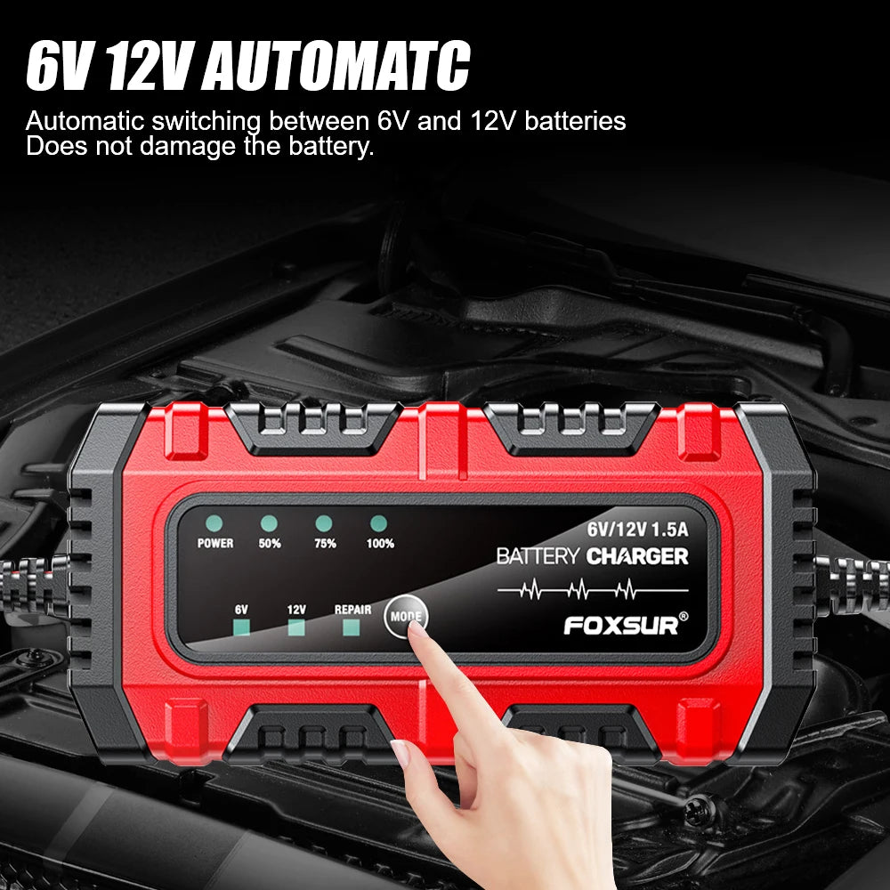 Cargador y mantenedor inteligente de batería 6V/12V para auto y moto