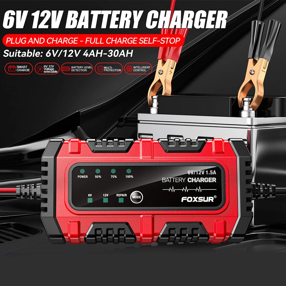 Cargador y mantenedor inteligente de batería 6V/12V para auto y moto