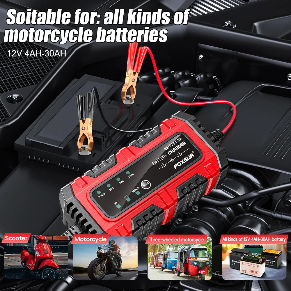 Cargador y mantenedor inteligente de batería 6V/12V para auto y moto